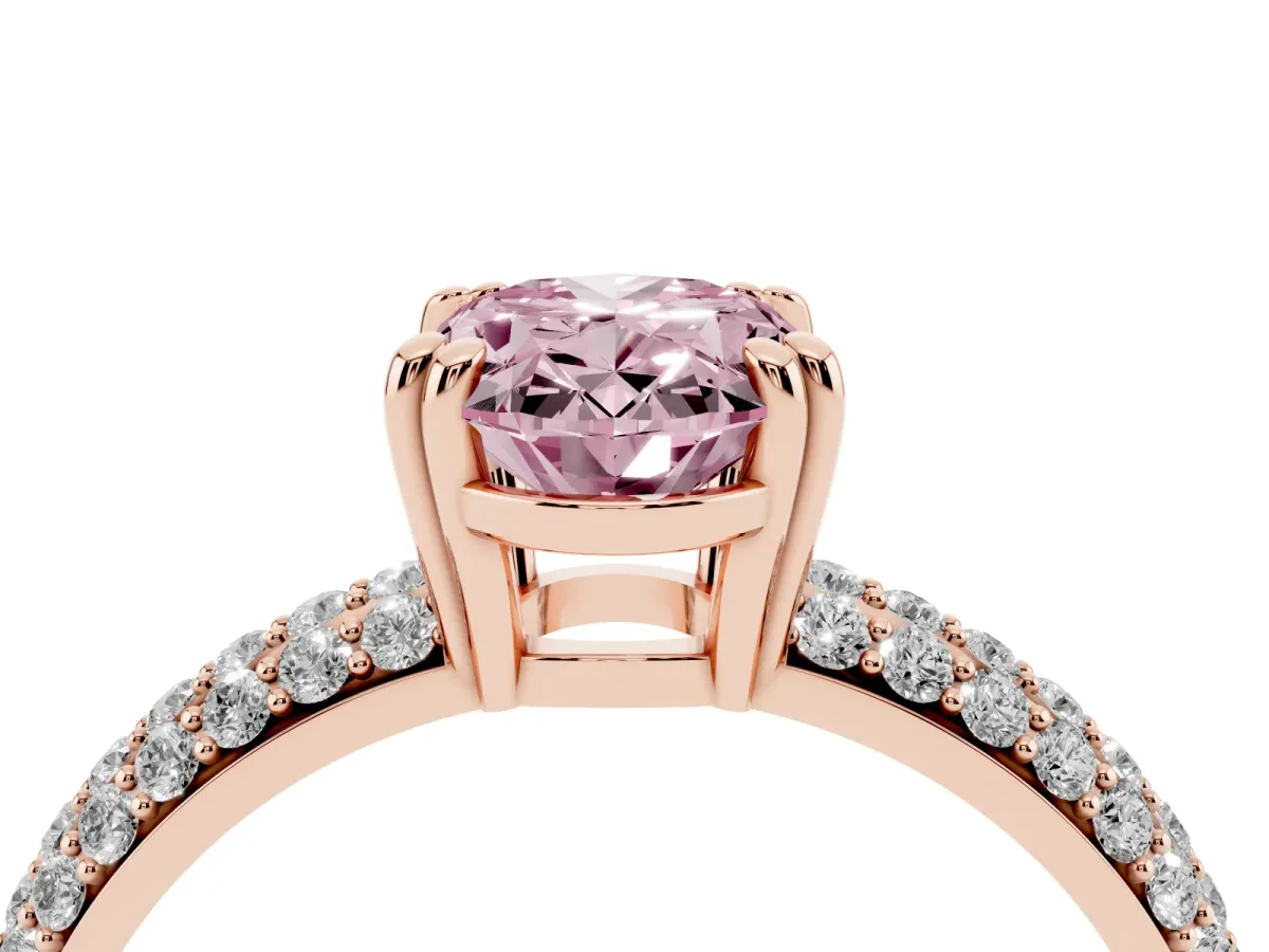 Fancy Pink Oval Cut Diamond Solitaire Ring with Multi-Row Round Pavé Band and Prong Setting Rose gold