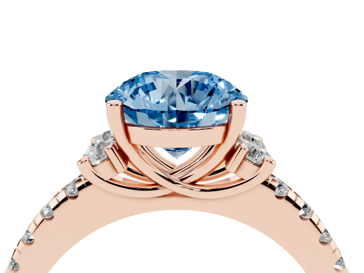 Fancy Blue Round Cut Diamond Three-Stone Pave Band with Four-Prong Setting Rose gold