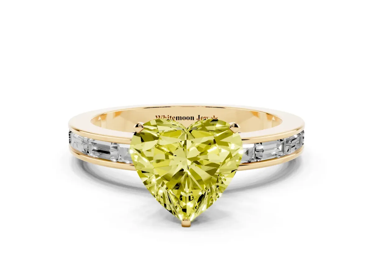 Fancy Yellow Heart Cut Solitaire Diamond Ring with Channel-Set Baguette Band and Four-Prong Setting Yellow gold