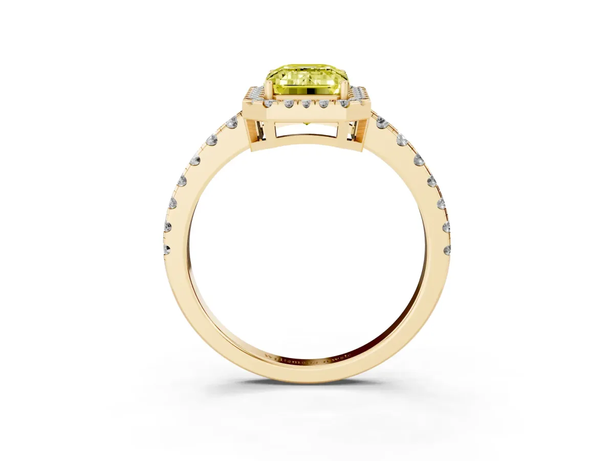 Fancy Yellow Emerald Cut Diamond Halo Ring with Pavé Band and Four-Prong Setting Yellow gold