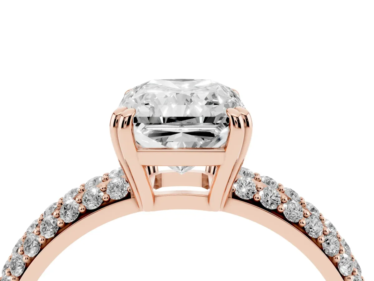 Radiant Cut Diamond Solitaire Ring with Multi-Row Round Pavé Band and Prong Setting Rose gold