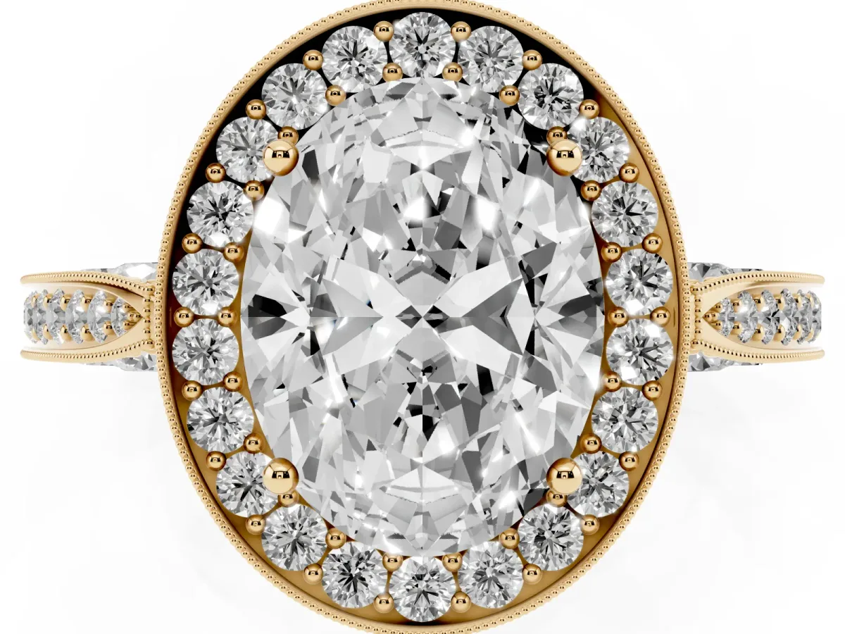 Oval Cut Halo Diamond Engagement Ring with Split Shank Band and Four-Prong Setting Yellow gold