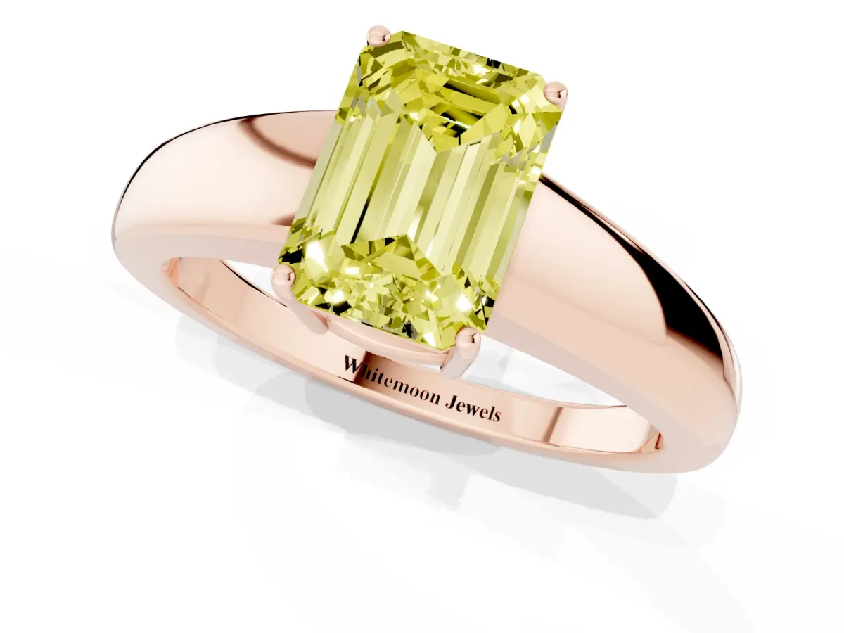 Fancy Yellow Emerald Cut Solitaire Diamond Ring with Tapered Band and Four-Prong Setting Rose gold