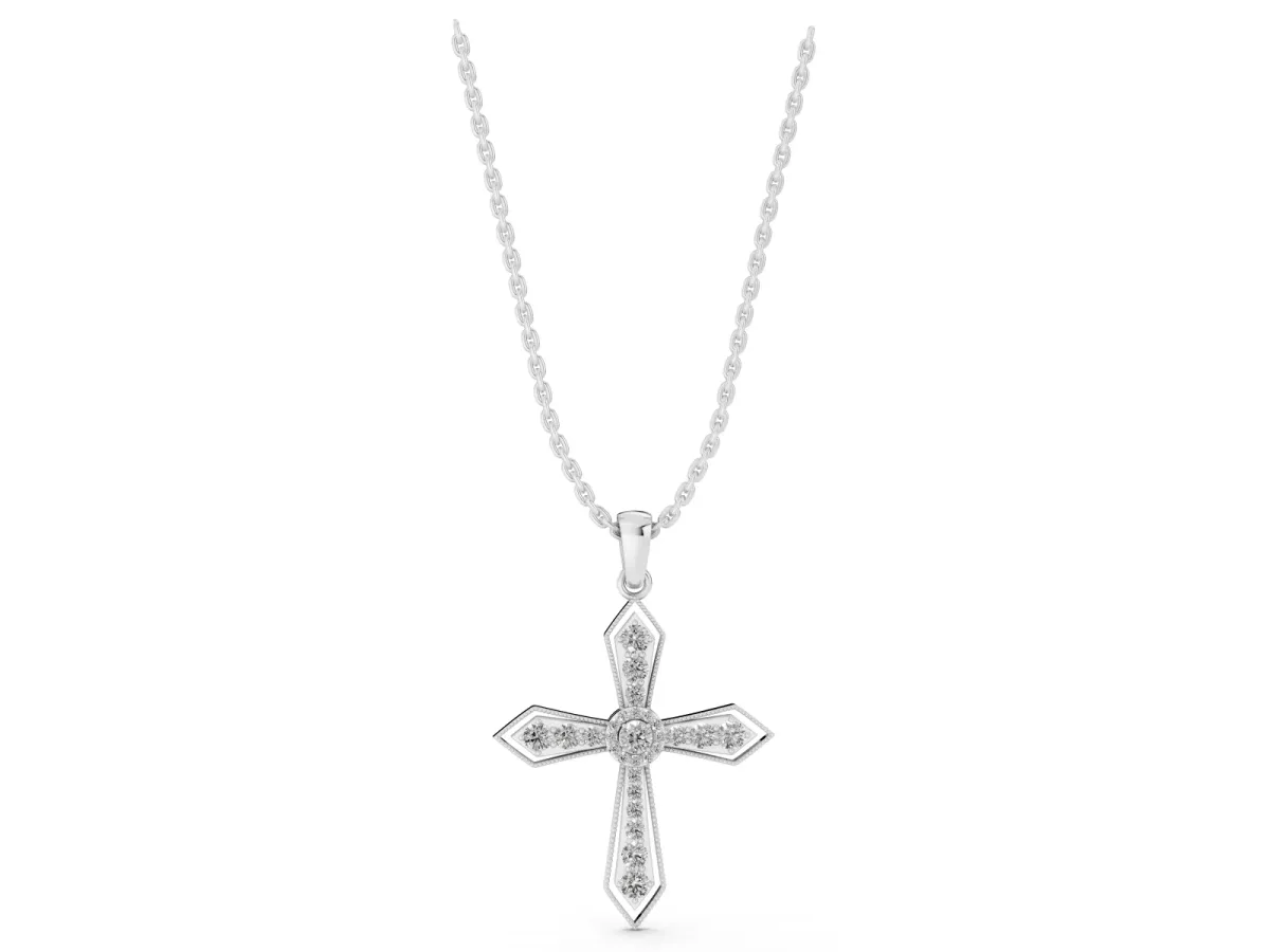 Round Diamond Milgrain Cross Pendant with Bezel Setting Silver