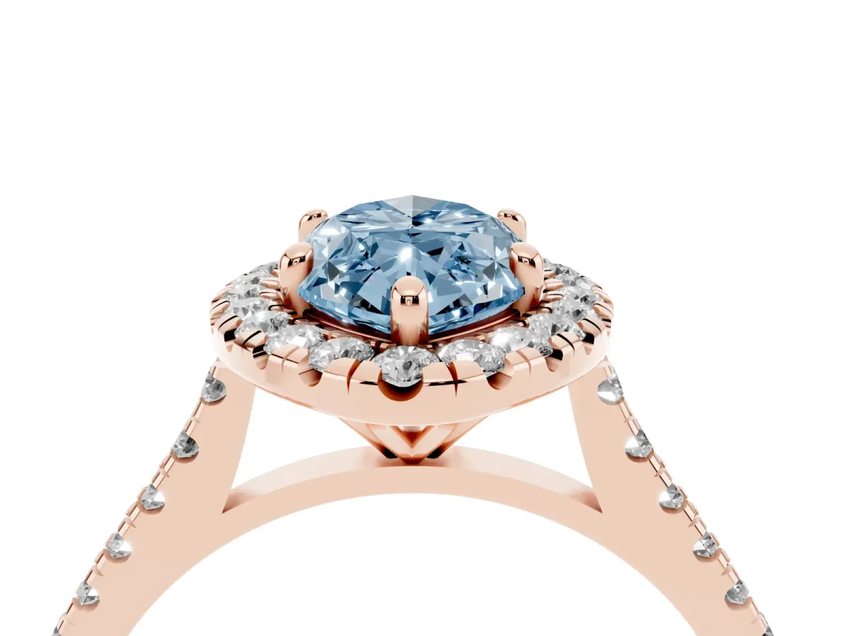 Fancy Blue Marquise Cut Diamond Cushion Halo Ring with Pavé Band Rose gold