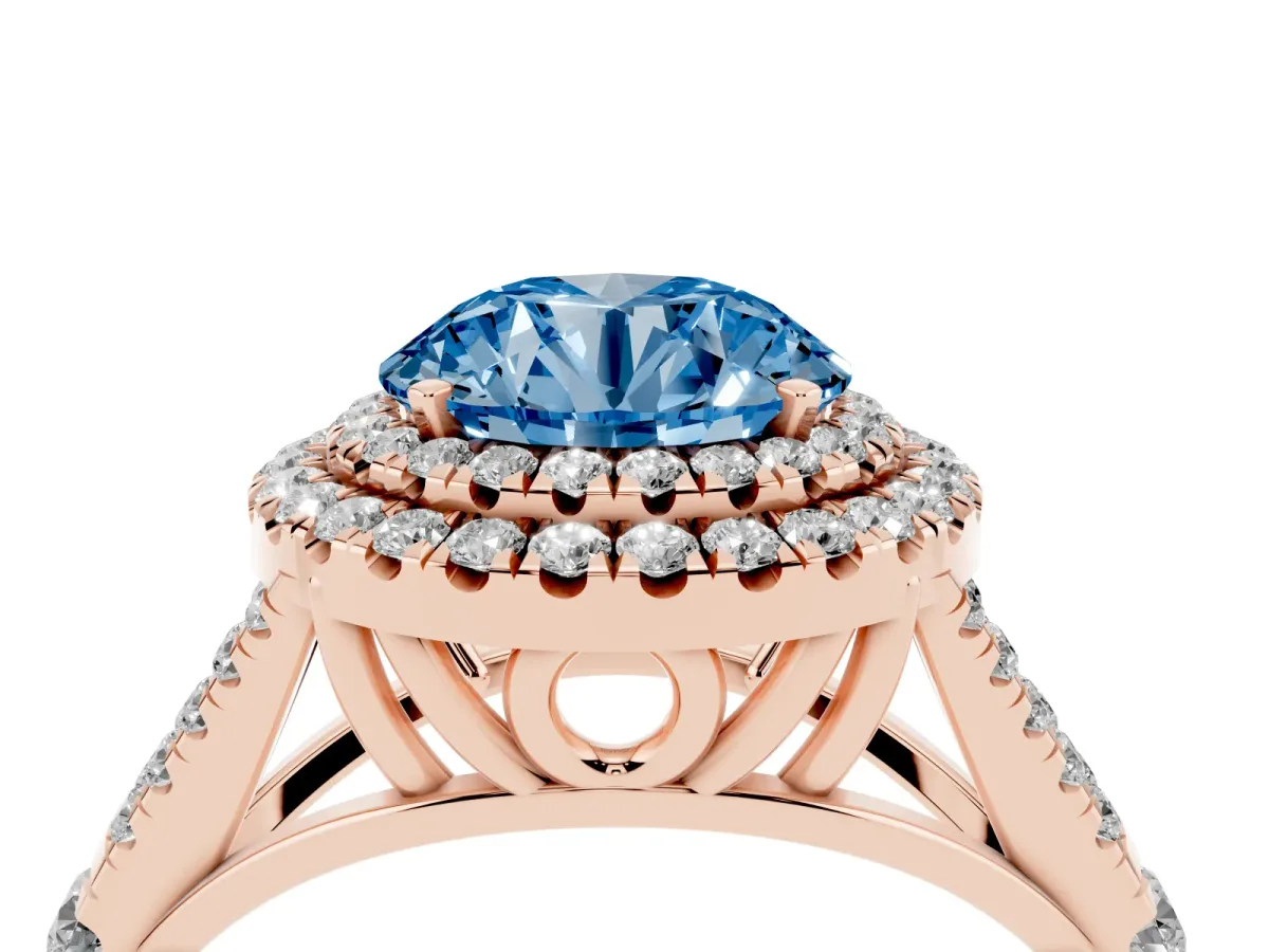 Fancy Blue Round Cut Diamond Double Halo Ring with Split Shank and Prong Setting Rose gold