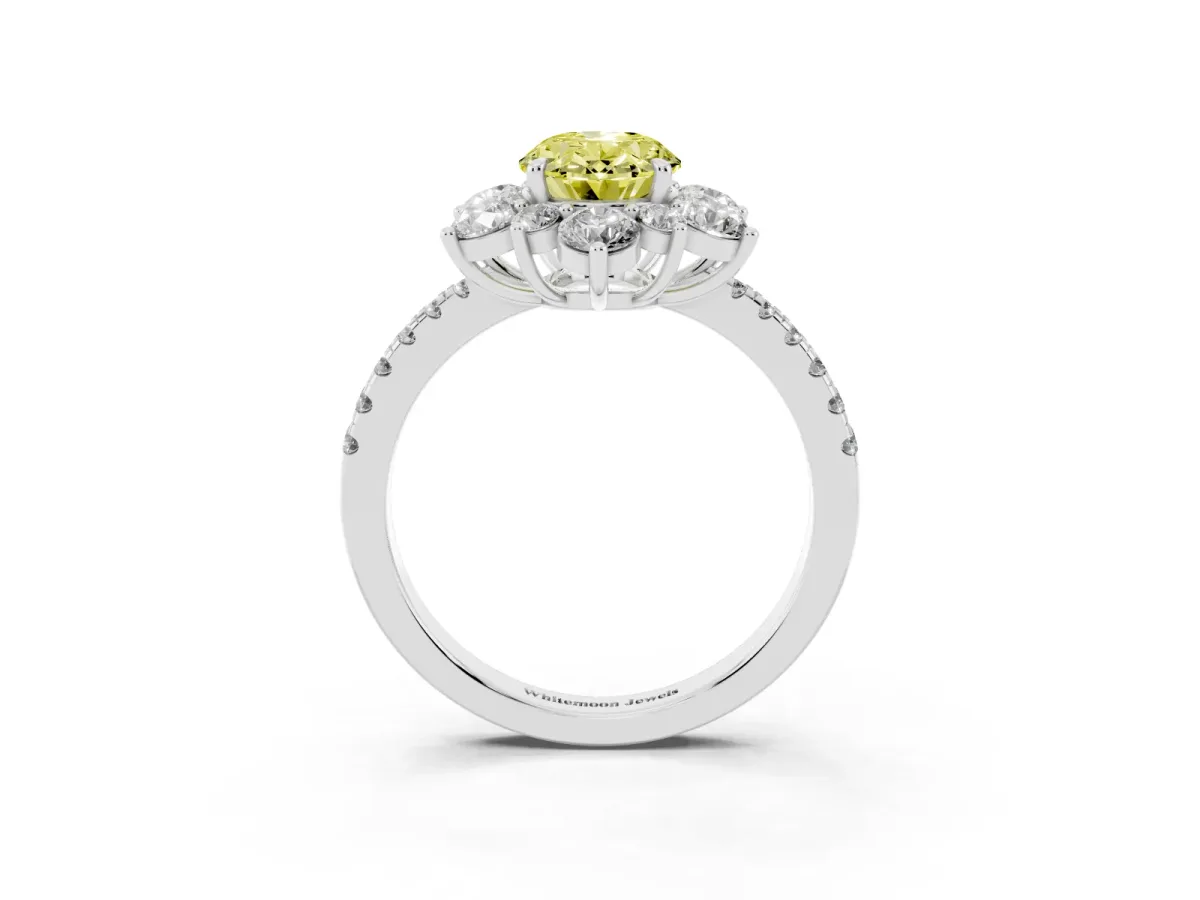 Fancy Yellow Oval Cut Diamond Floral Halo Ring with Round Pavé Band and Prong Setting Silver