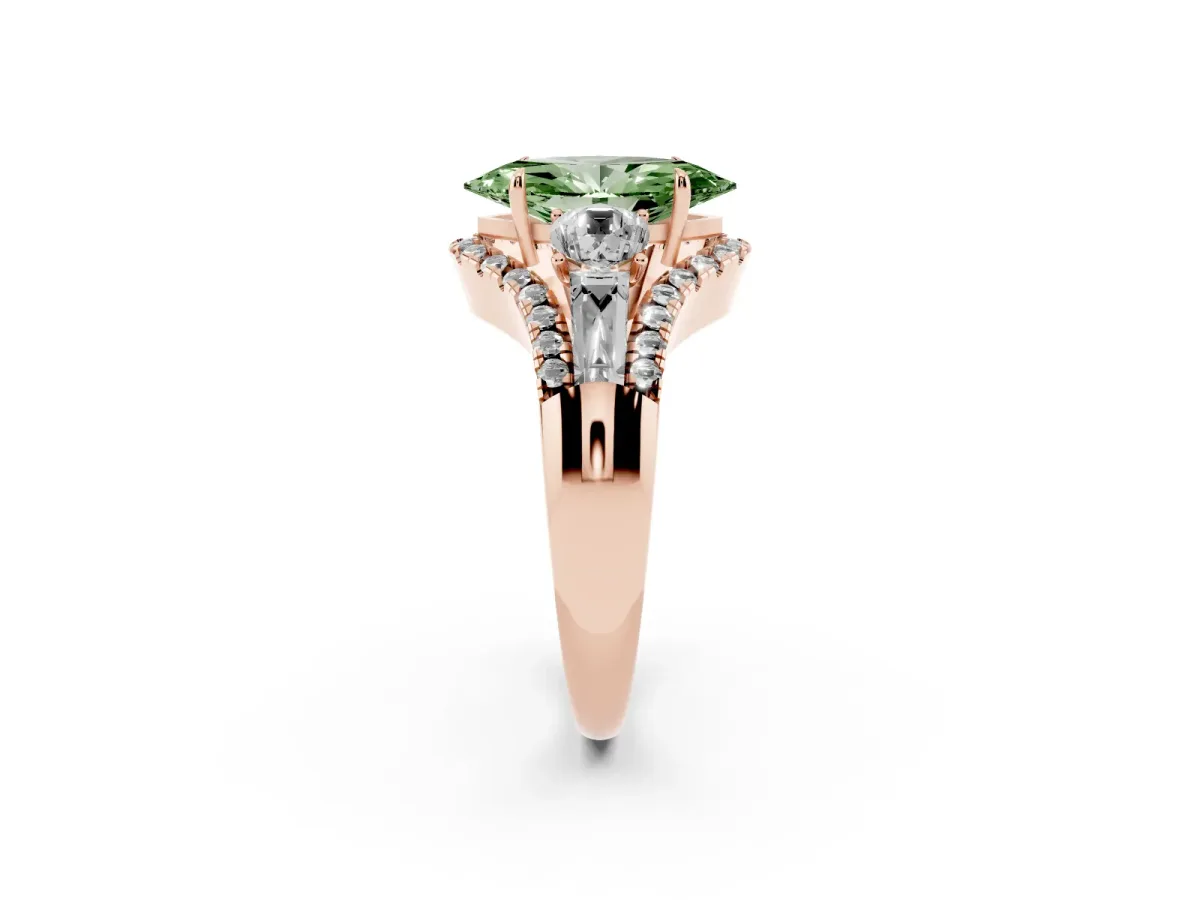 Fancy Green Three-Stone Marquise Cut Diamond Engagement Ring with Pave Band and Prong Setting Rose gold