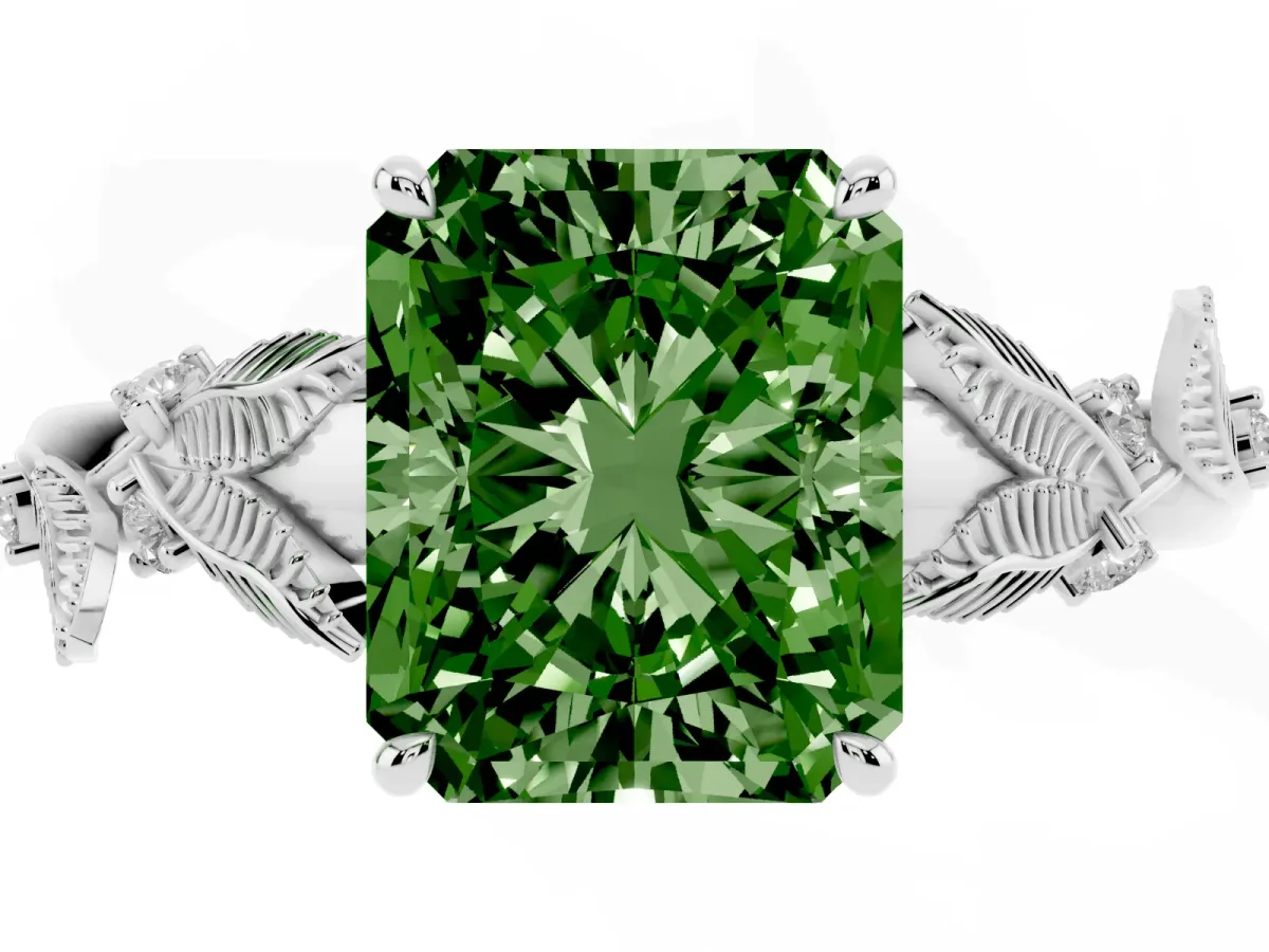 Fancy Green Radiant Cut Diamond Solitaire Ring with Leaf Motif Band and Four-Prong Setting Silver