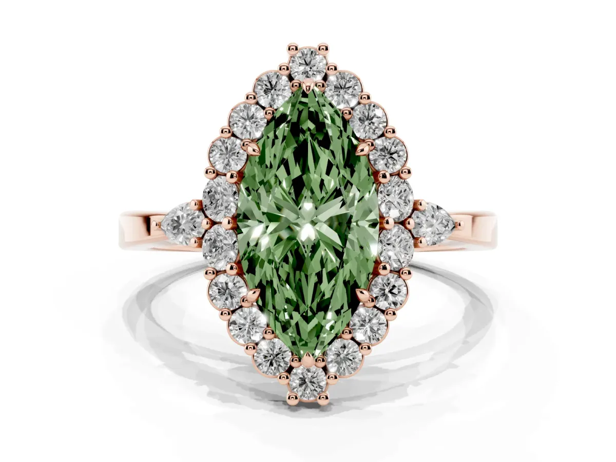 Fancy Green Marquise Cut Diamond Halo Ring with Pear Side Stones and Prong Setting Rose gold