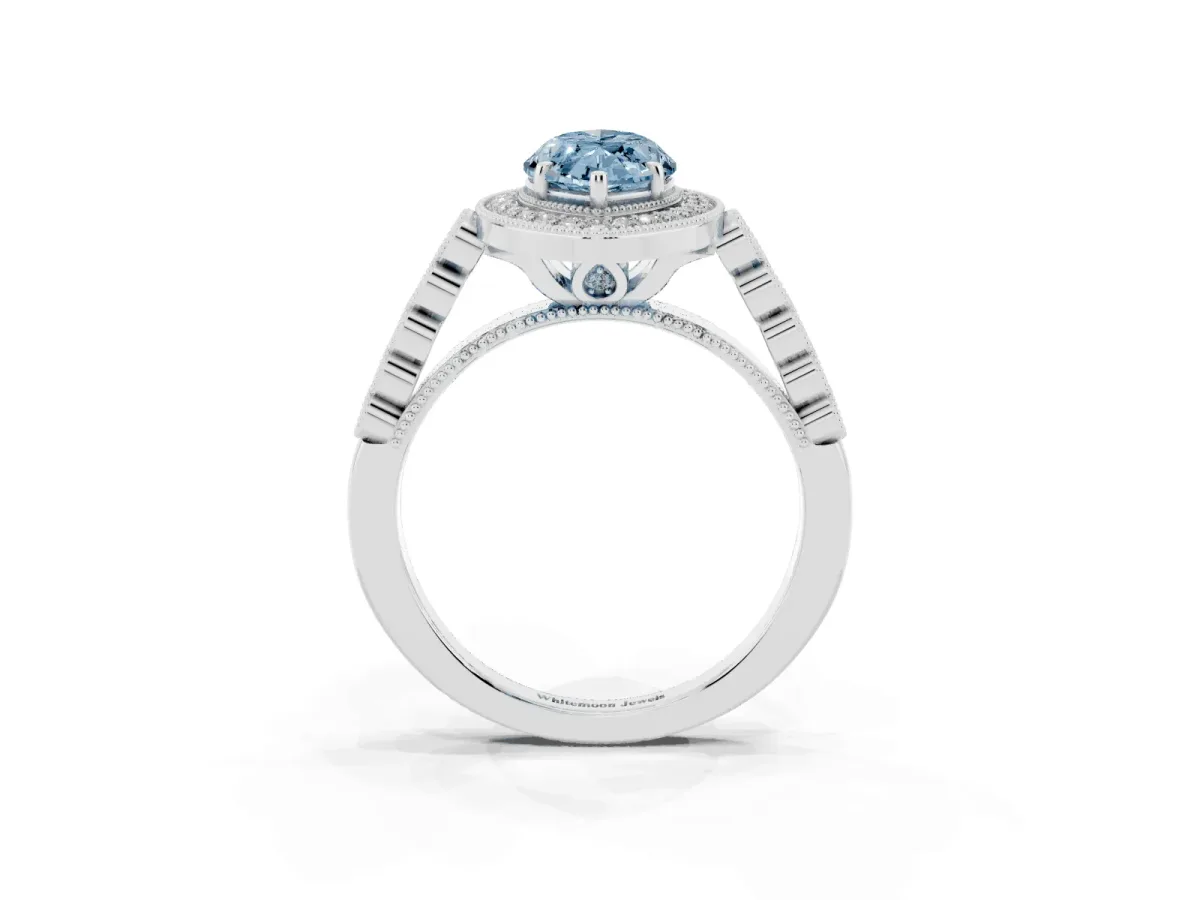 Fancy Blue Marquise Cut Halo Milgrain Solitaire with Bezel Set Side Stones and Pave Band Silver