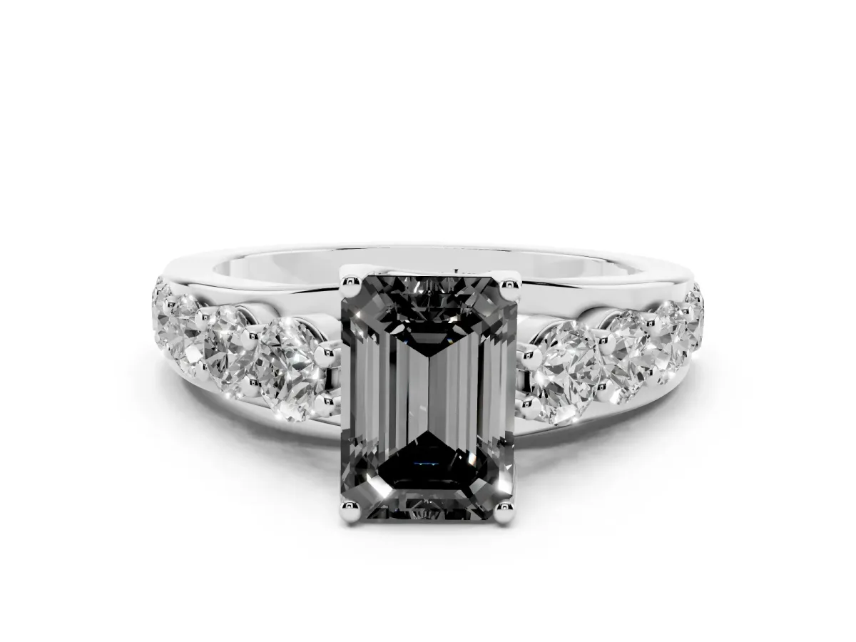Fancy Black Emerald Cut Diamond Engagement Ring with Pavé Band and Four-Prong Setting Silver