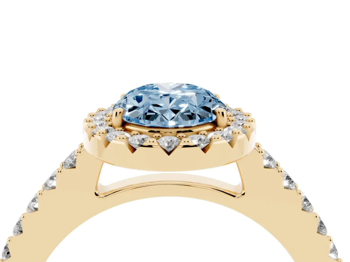Fancy Blue Oval Cut Halo Diamond Pavé Solitaire Ring Yellow gold