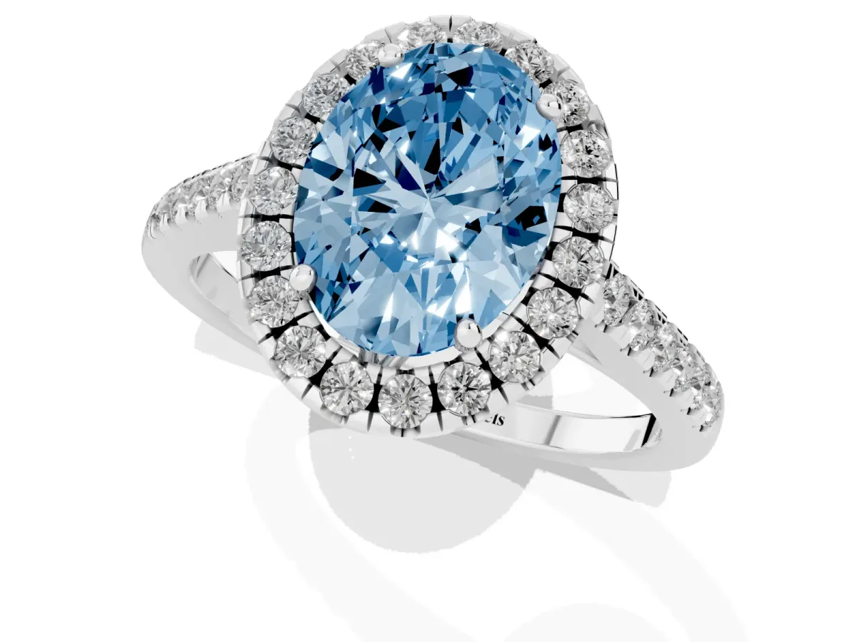 Fancy Blue Oval Cut Halo Pavé Diamond Engagement Ring with Four-Prong Setting Silver
