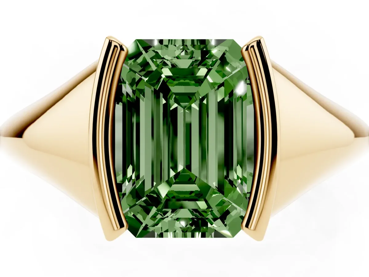 Fancy Green Emerald Cut Solitaire Tension Set Diamond Ring Yellow gold