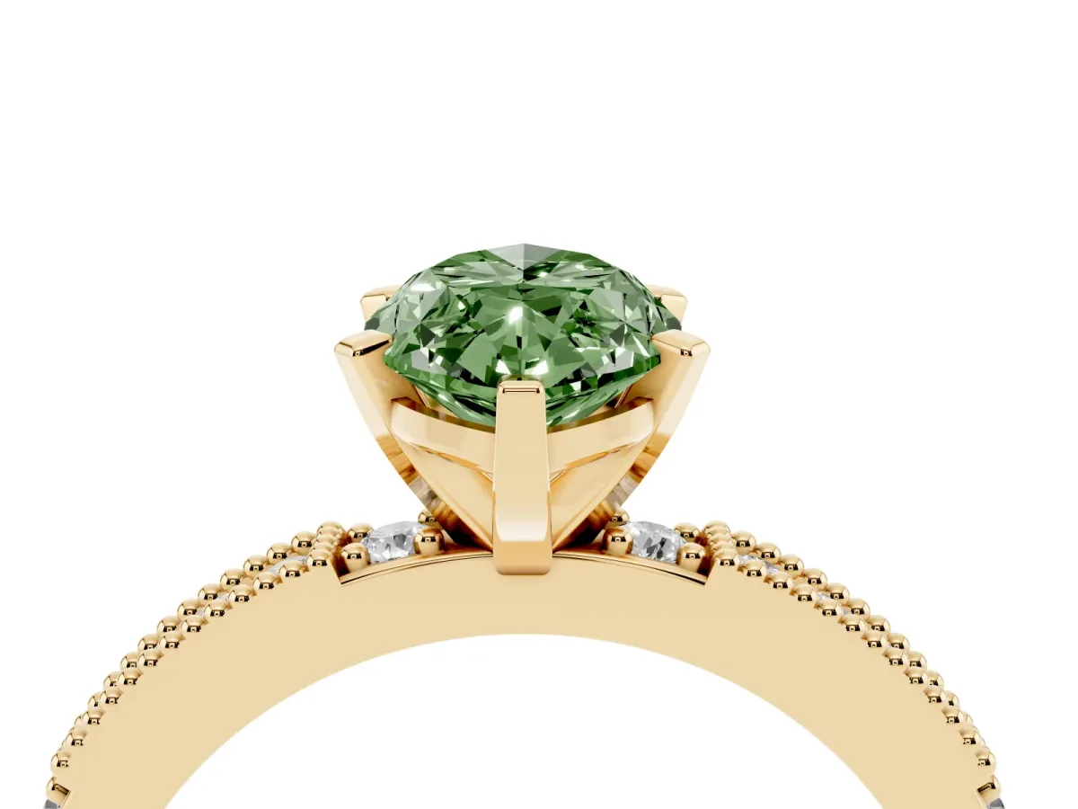 Fancy Green Marquise Cut Solitaire with Pavé Band and Four-Prong Setting Yellow gold