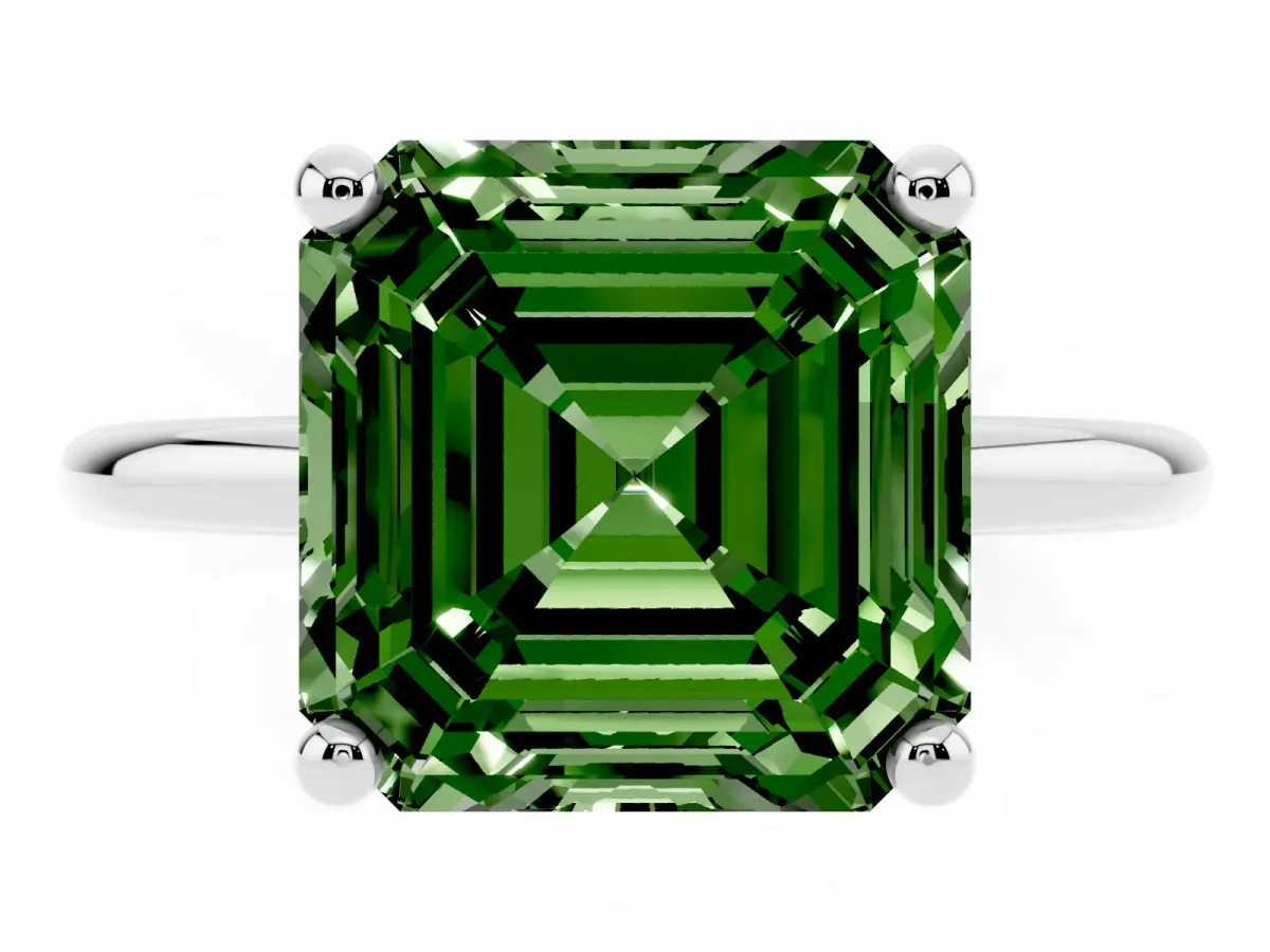 Fancy Green Asscher Cut Solitaire Diamond Ring with 4-Prong Setting on a Classic Band Silver