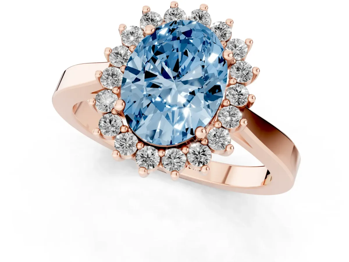 Fancy Blue Oval Cut Cut Diamond Halo Ring with Round Brilliant Halo and Solitaire Band Rose gold