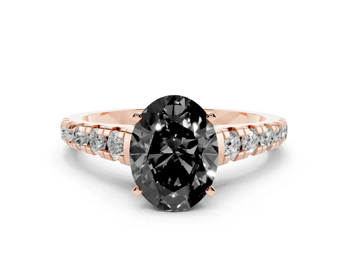 Fancy Black Oval Cut Diamond Cathedral Solitaire Ring with Round Pavé Band Rose gold