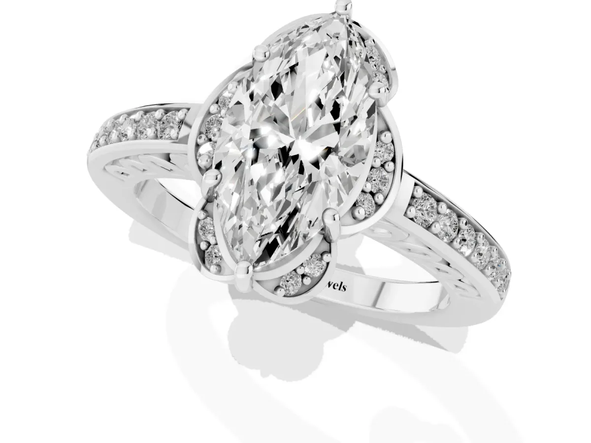 Marquise Cut Cut Halo Diamond Ring with Channel Set Band and Four-Prong Setting Platinum