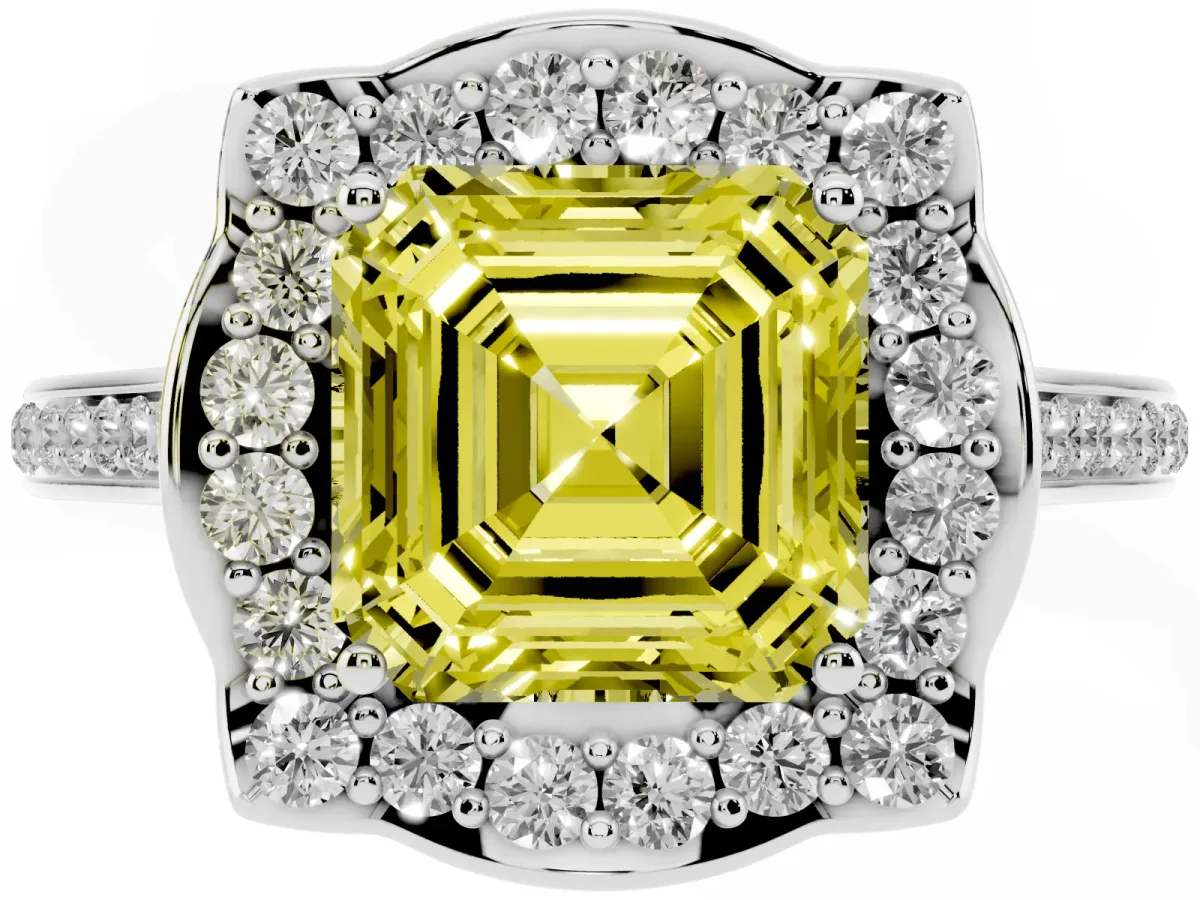 Fancy Yellow Asscher Cut Halo Round Diamond Pave Band with Four-Prong Setting Silver
