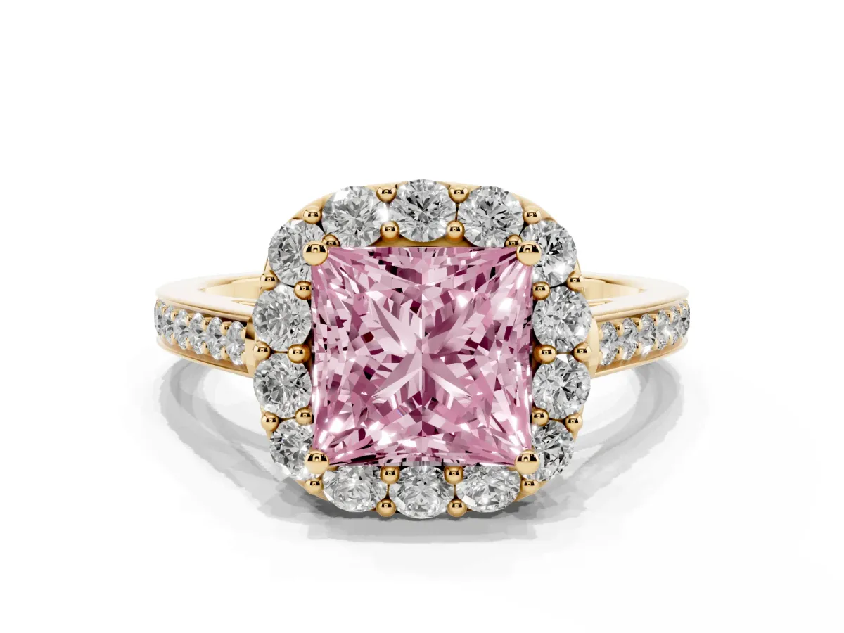 Fancy Pink Princess Cut Diamond Floral Halo Ring with Pavé Band and Prong Setting Yellow gold