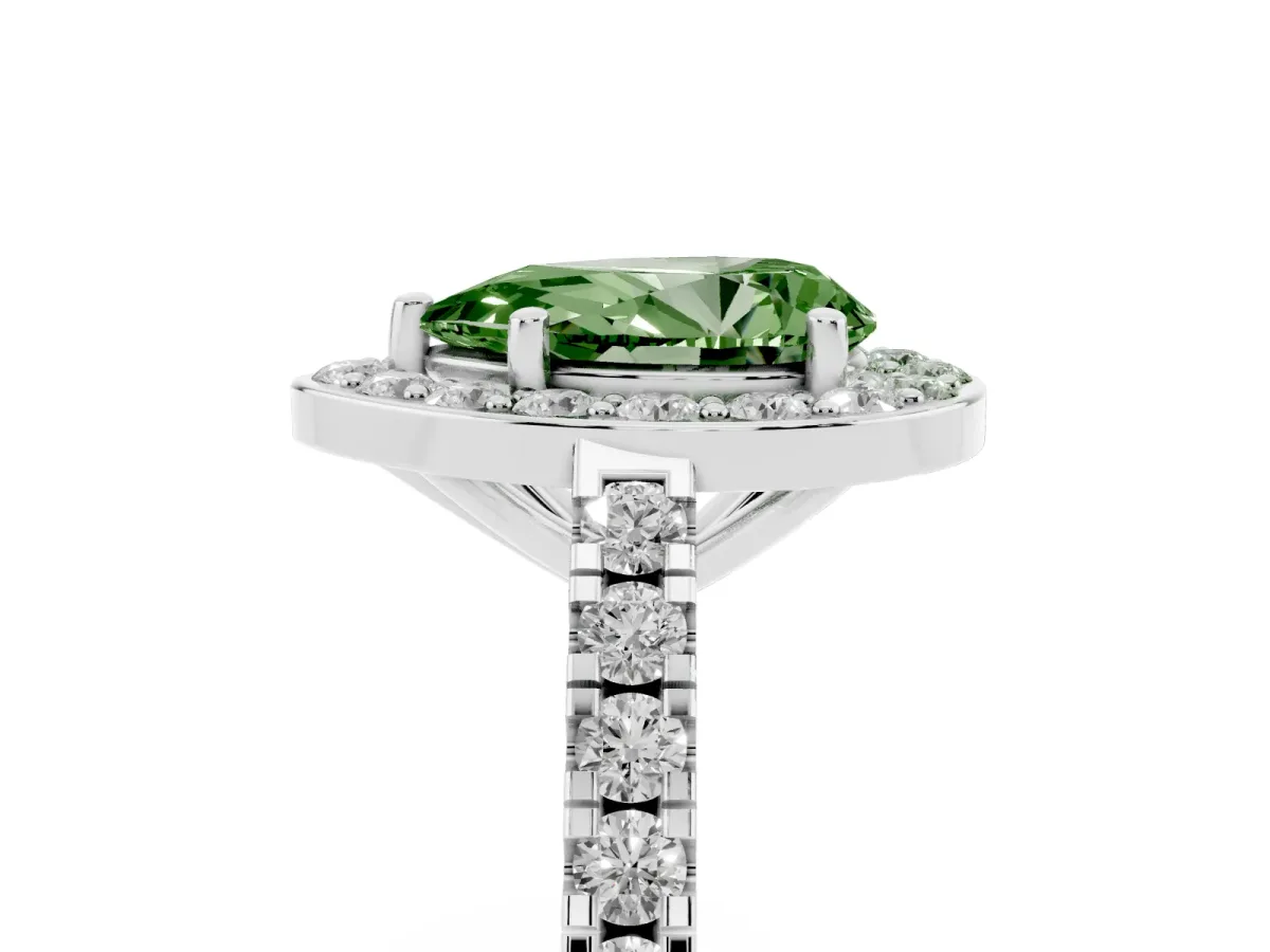 Fancy Green Pear Cut Diamond Halo Ring with Round Pavé Split Shank and Prong Setting Silver