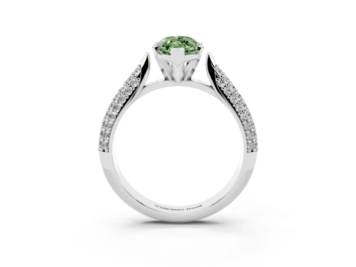 Fancy Green Marquise Cut Diamond Solitaire Engagement Ring with Multi-Row Round Pavé Band and Prong Setting Silver