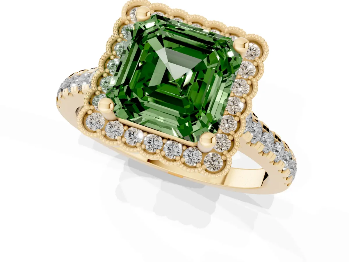 Fancy Green Asscher Cut Cut Diamond Milgrain Floral Halo Engagement Ring with Pavé Band Yellow gold