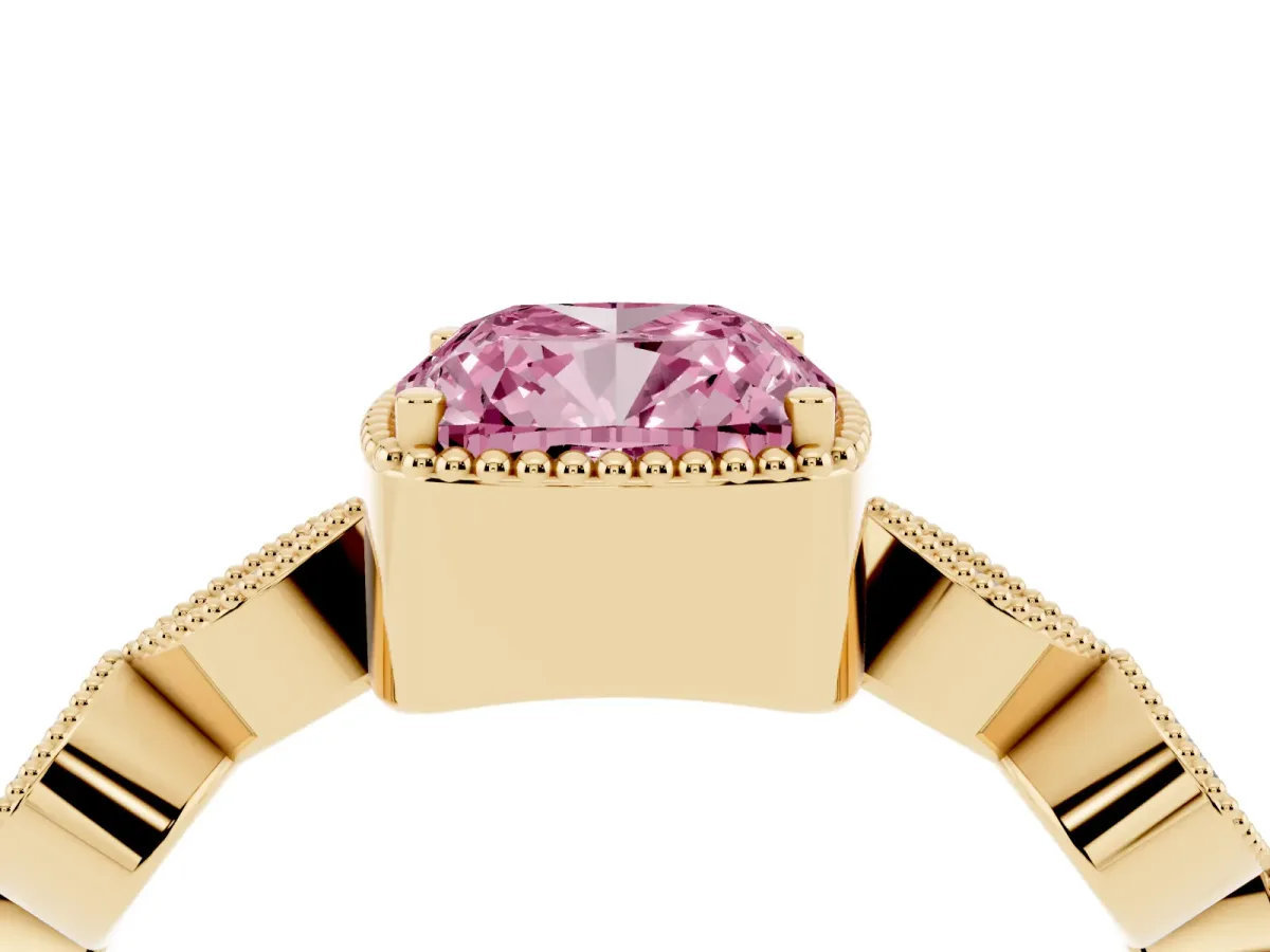 Fancy Pink Cushion Cut Diamond Vintage Milgrain Ring with Round Stations Yellow gold
