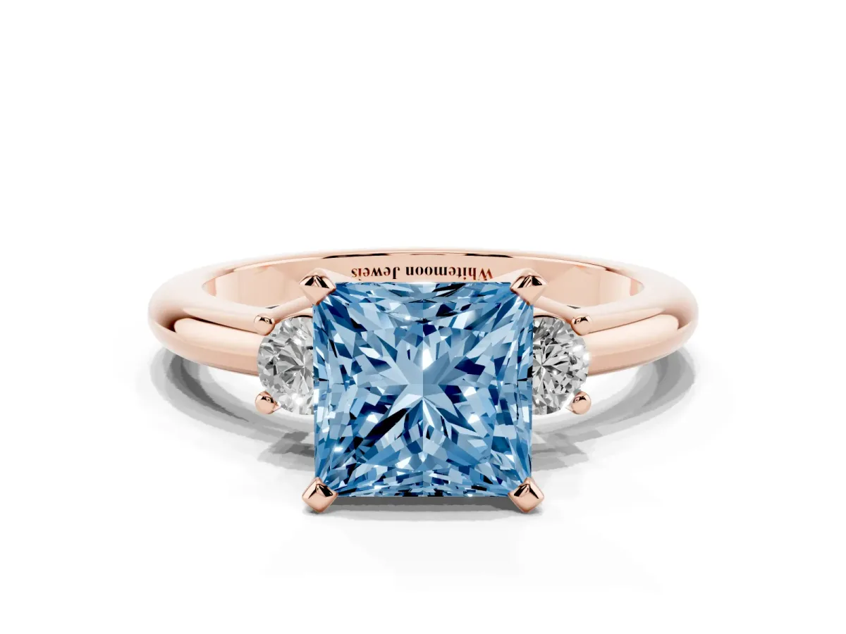Fancy Blue Three-Stone Princess Cut Cut Diamond Solitaire with Prong Setting and Classic Band Rose gold