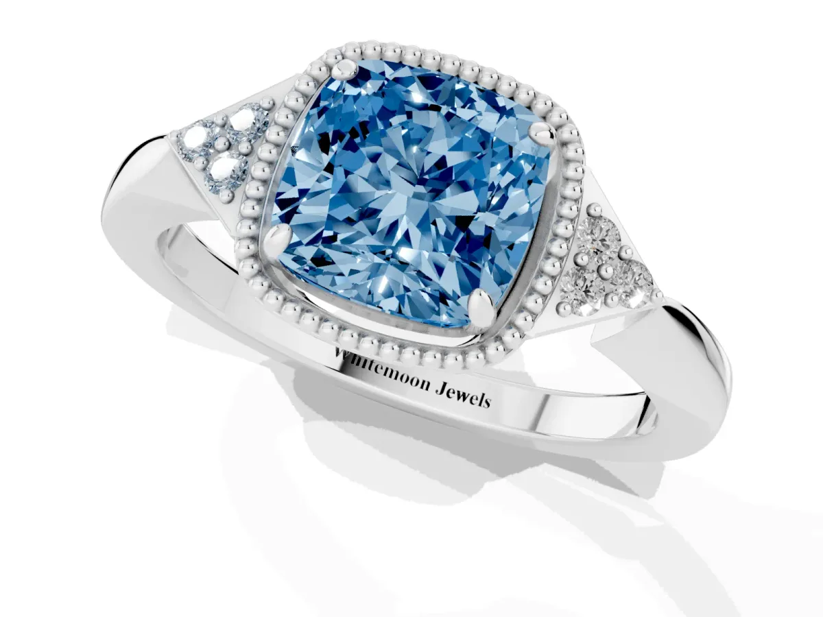 Fancy Blue Hexagonal Halo Cushion Cut Diamond Solitaire with Pavé Band and Four-Prong Setting Silver