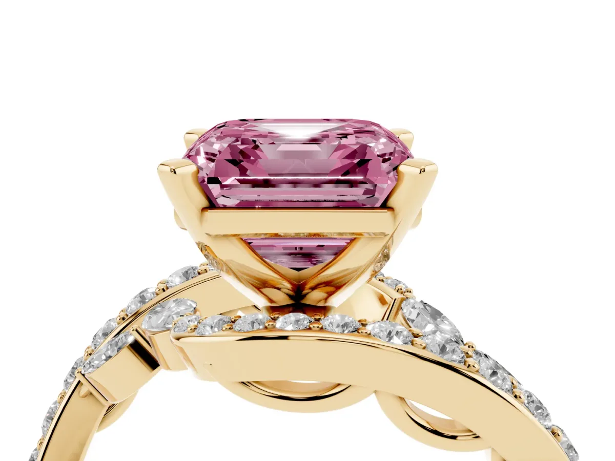 Fancy Pink Asscher Cut Solitaire with Pavé Twist Band and Four-Prong Setting Yellow gold