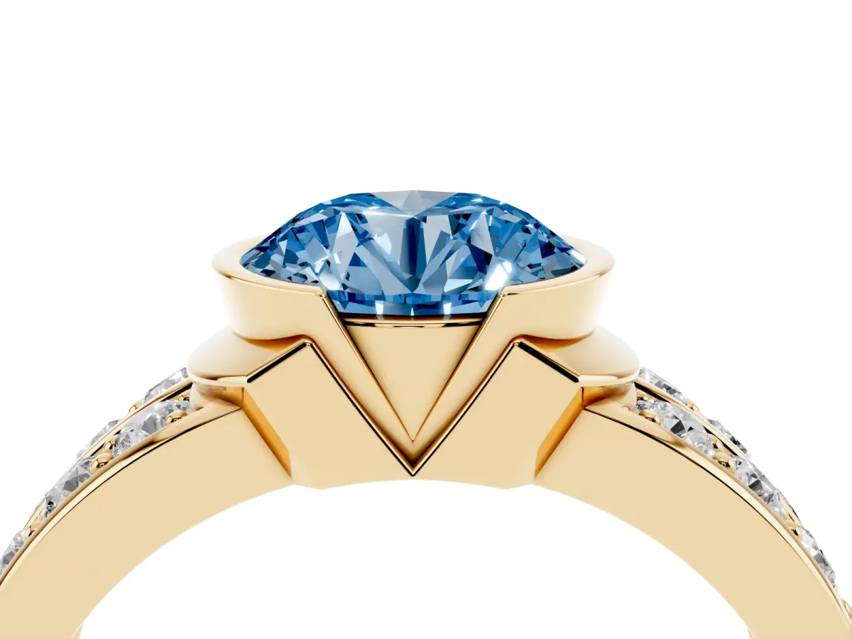 Fancy Blue Round Cut Brilliant Diamond Channel Set Wide Band Ring with Bezel Setting Yellow gold