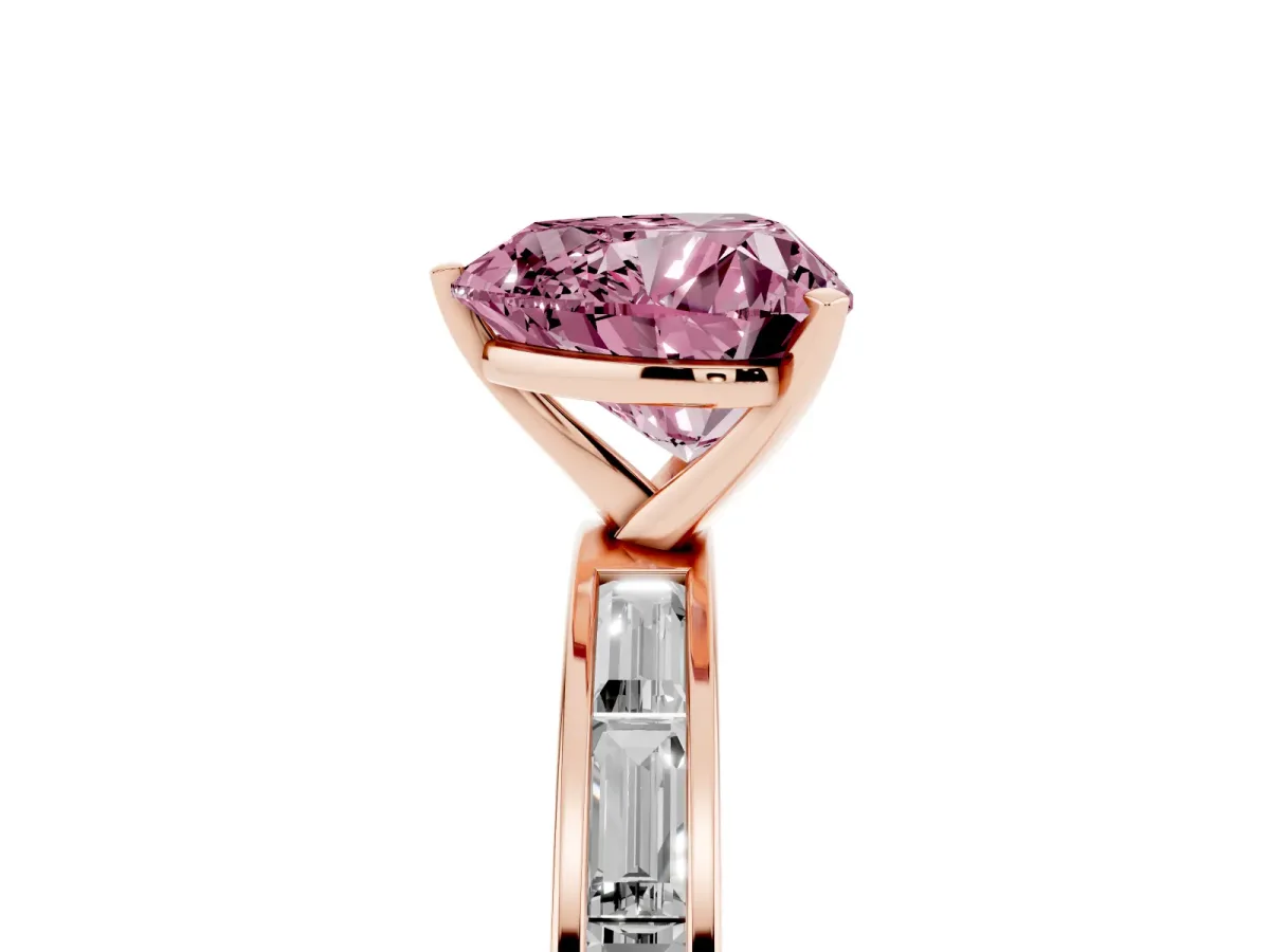Fancy Pink Heart Cut Solitaire Diamond Ring with Channel-Set Baguette Band and Four-Prong Setting Rose gold