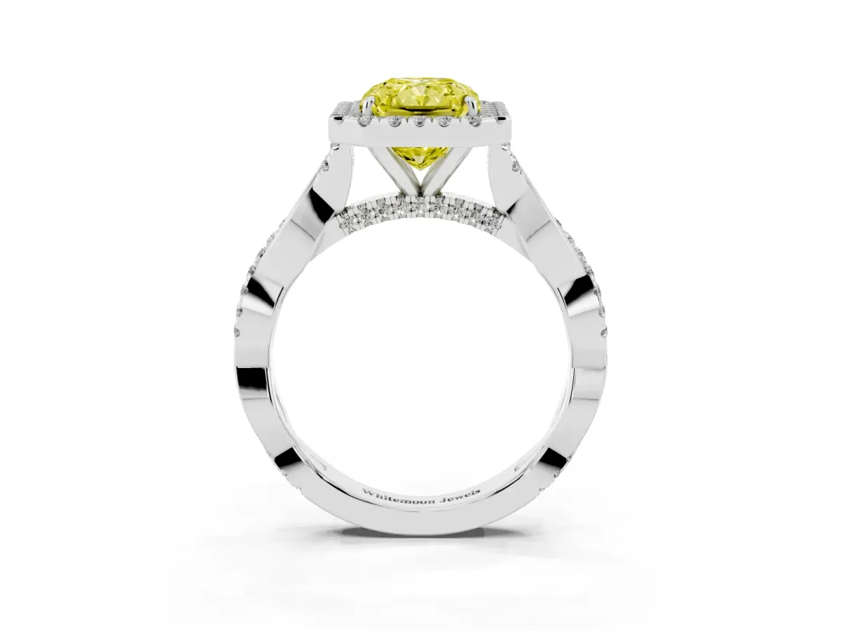 Fancy Yellow Radiant Cut Halo Twist Band Solitaire Ring Silver