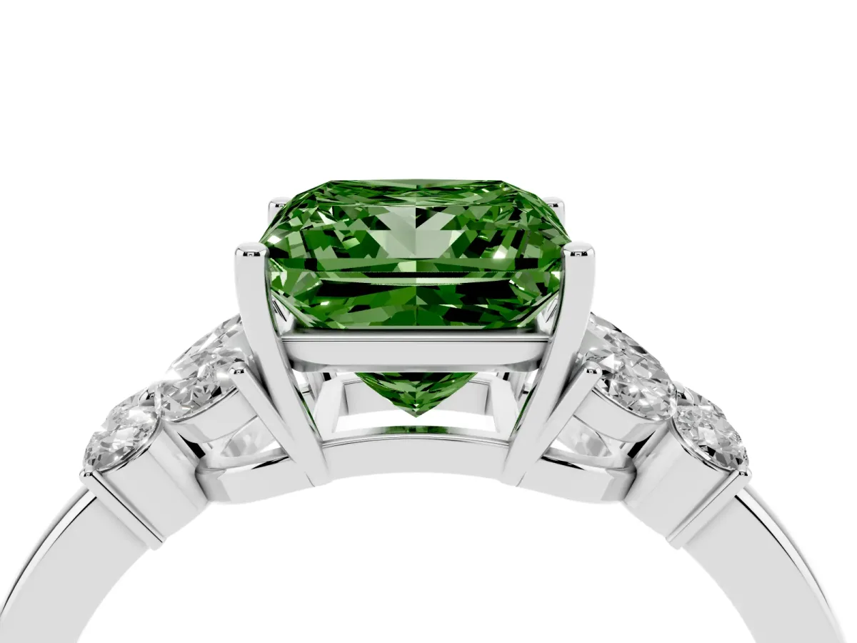 Fancy Green Princess Cut Cut Solitaire Floral Diamond Ring with Four-Prong Setting Silver