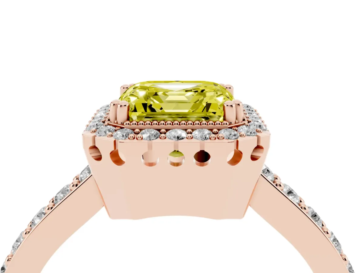 Fancy Yellow Asscher Cut Cut Diamond Halo Engagement Ring with Milgrain Detail and Pavé Band Rose gold