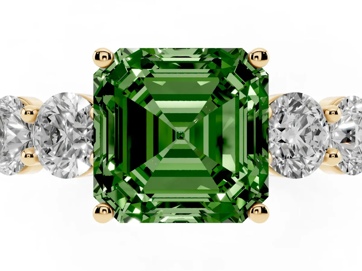 Fancy Green Asscher Cut Cut Five-Stone Prong Set Diamond Ring with Classic Band Yellow gold