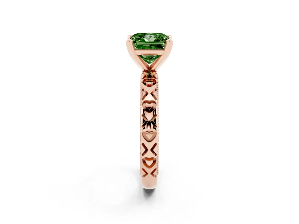 Fancy Green Princess Cut Solitaire Diamond Engagement Ring with XO Engraved Band and Four-Prong Setting Rose gold
