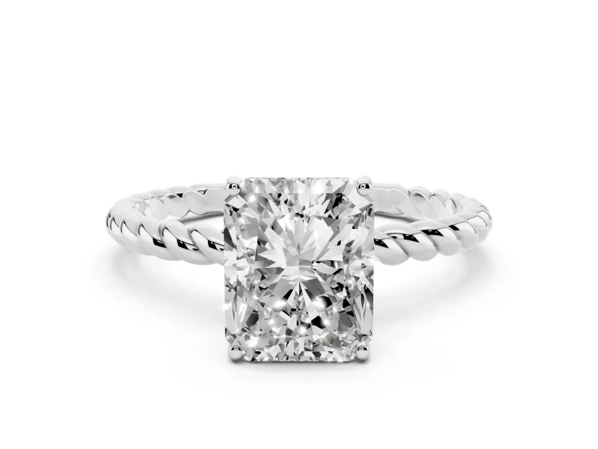 Radiant Cut Solitaire Twist Band Ring with Four-Prong Setting White gold