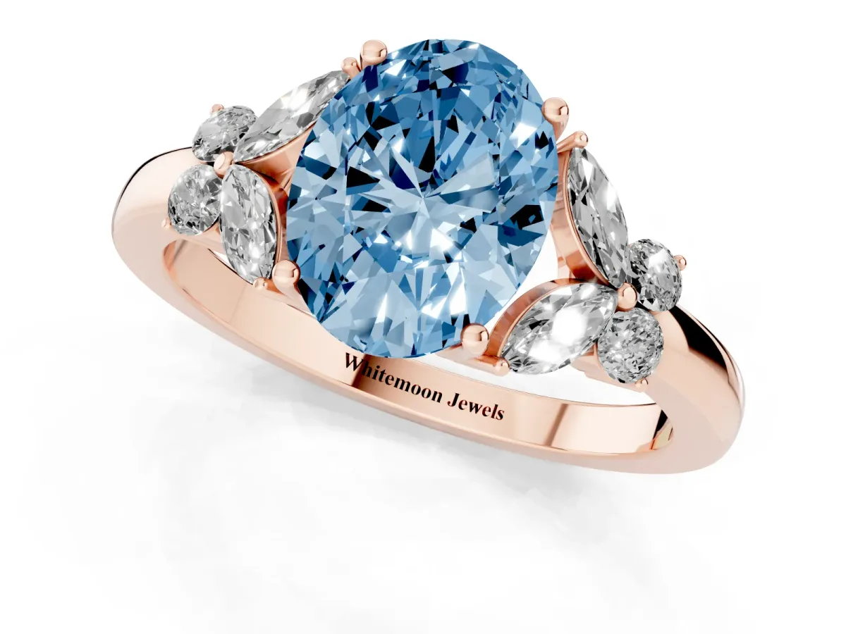 Fancy Blue Oval Cut Cut Solitaire Floral Diamond Ring with Four-Prong Setting Rose gold