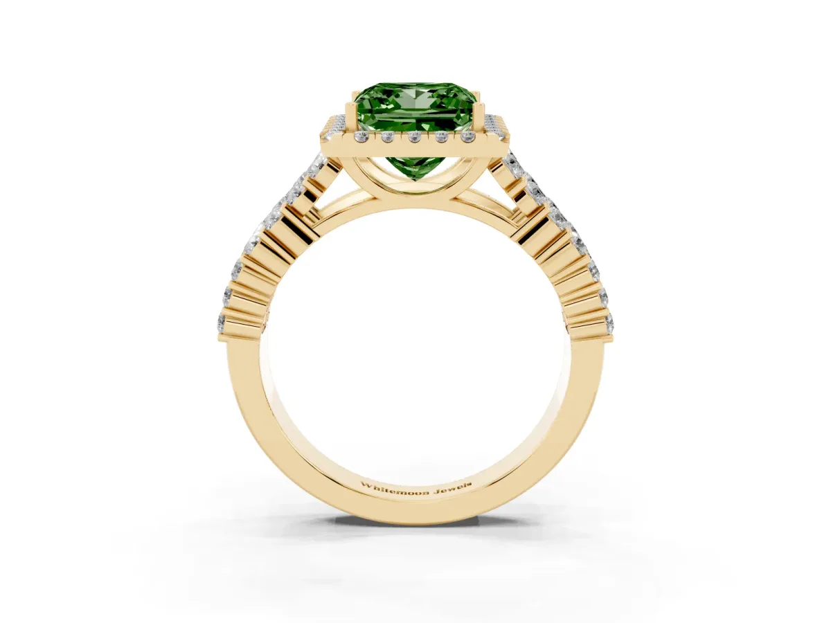 Fancy Green Princess Cut Diamond Halo Engagement Ring with Triple Row Round Pavé Band and Prong Setting Yellow gold