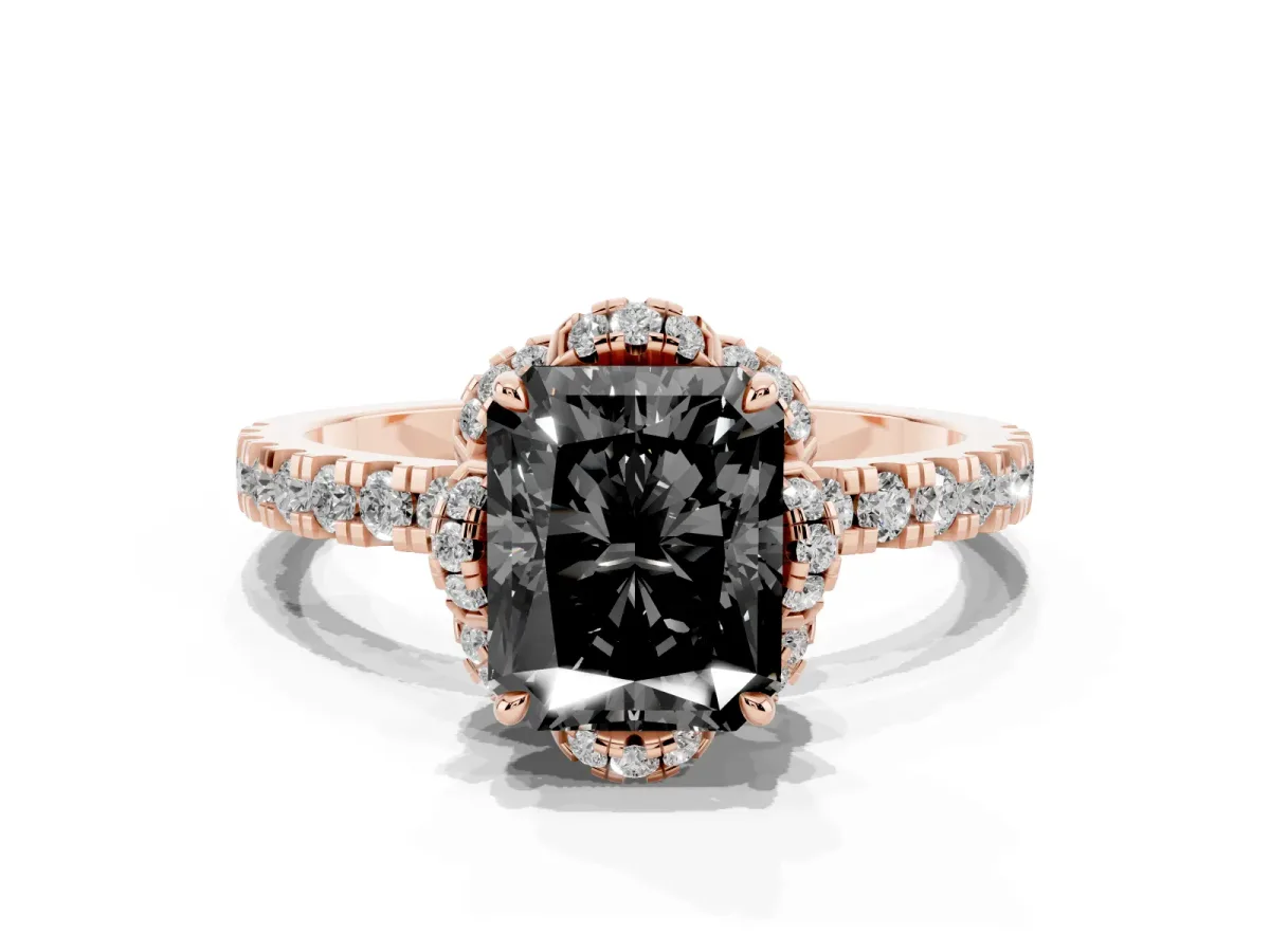 Fancy Black Radiant Cut Diamond Halo Pave Band with Four-Prong Setting Rose gold