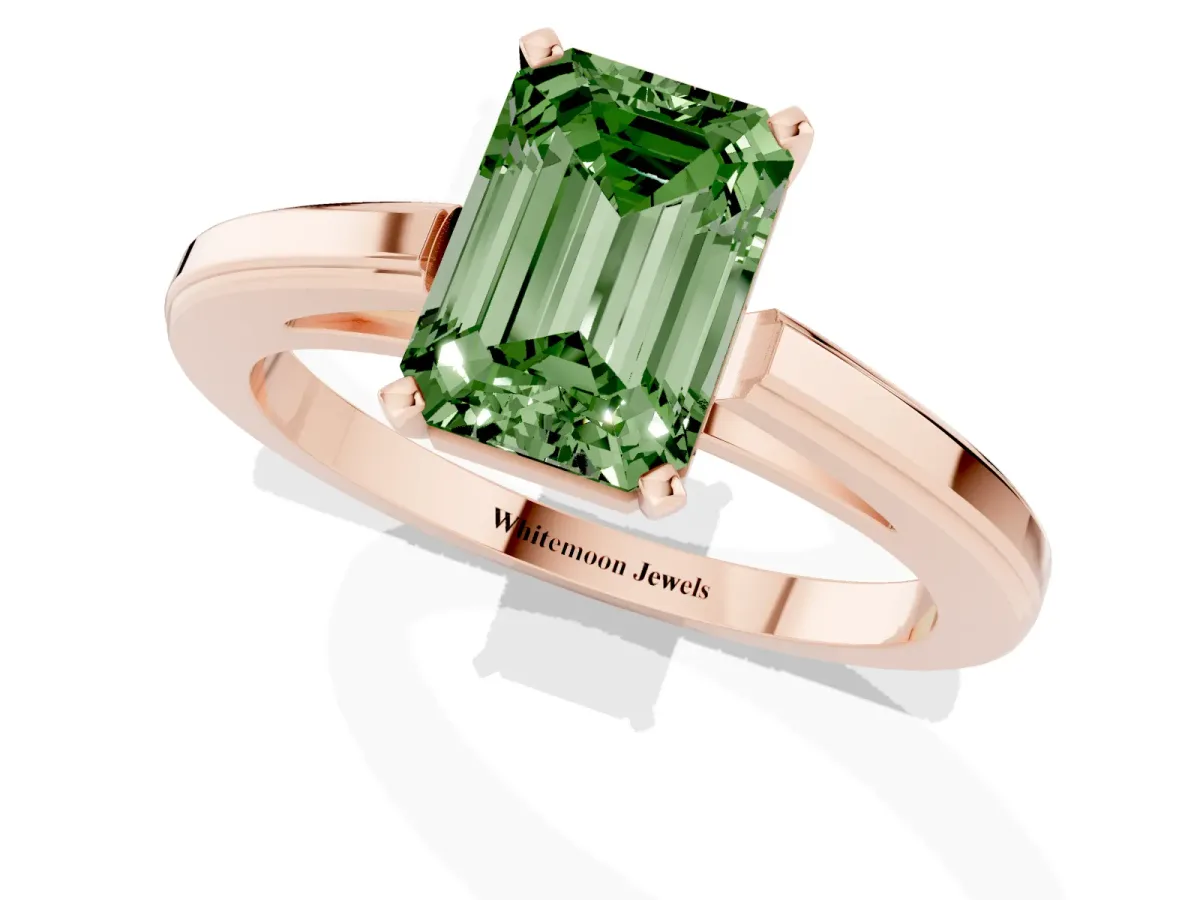 Fancy Green Emerald Cut Solitaire Diamond Ring with Four-Prong Setting and Classic Band Rose gold