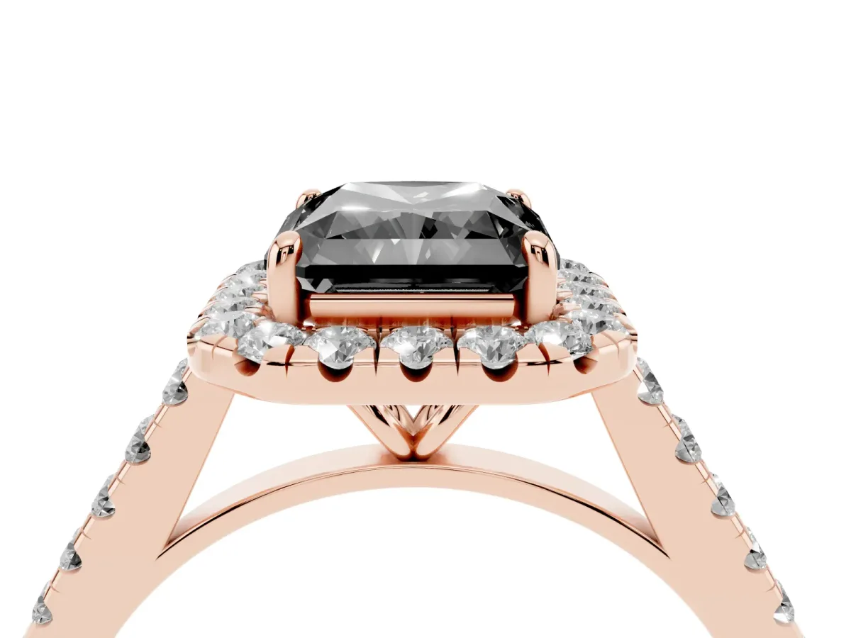Fancy Black Radiant Cut Halo Pave Diamond Engagement Ring with Four-Prong Setting Rose gold