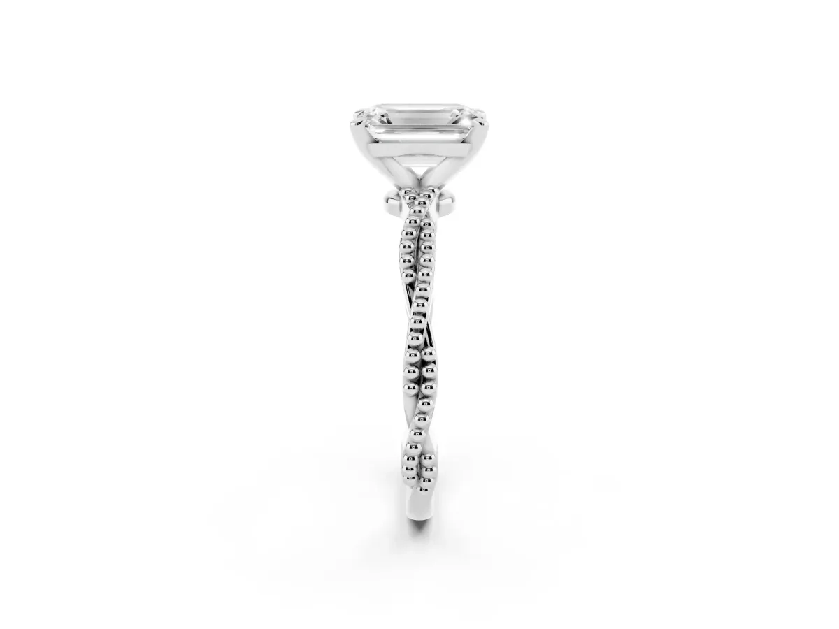 Emerald Cut Solitaire Twisted Band with Bead Prong Setting Silver