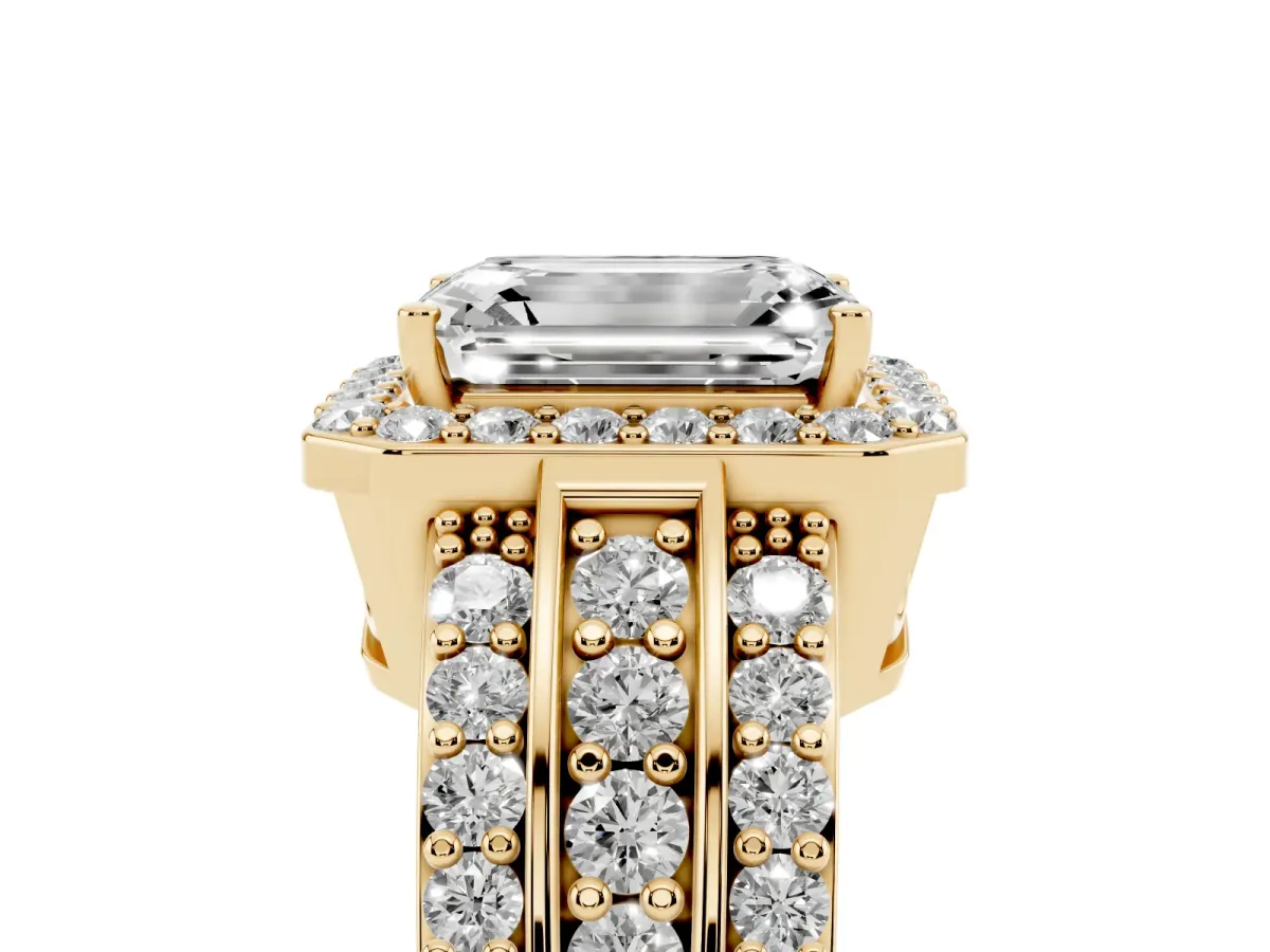 Emerald Cut Halo Diamond Ring with Round Split Shank and Prong Setting Yellow gold