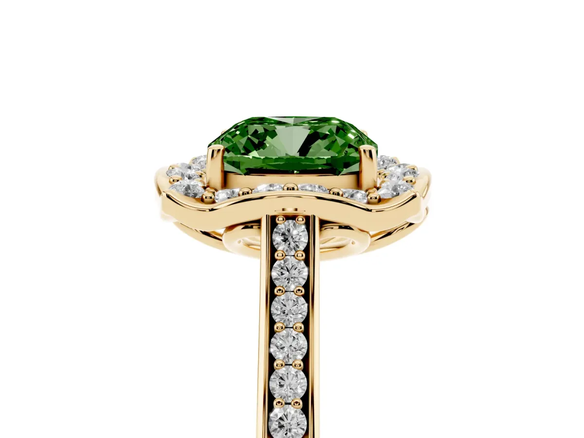 Fancy Green Cushion Cut Halo Round Diamond Pave Band with Four-Prong Setting Yellow gold