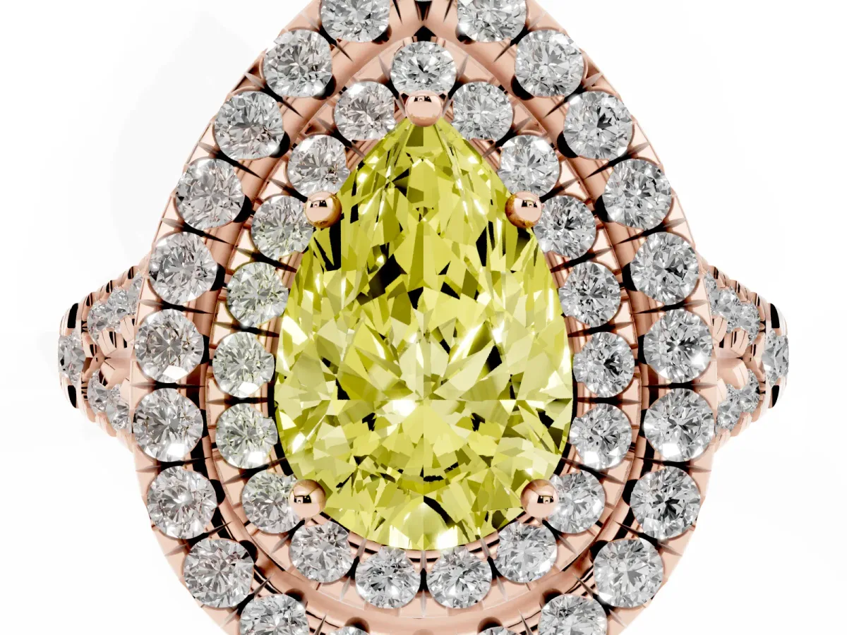 Fancy Yellow Double Halo Pear Cut Diamond Pavé Split Shank Ring with Prong Setting Rose gold